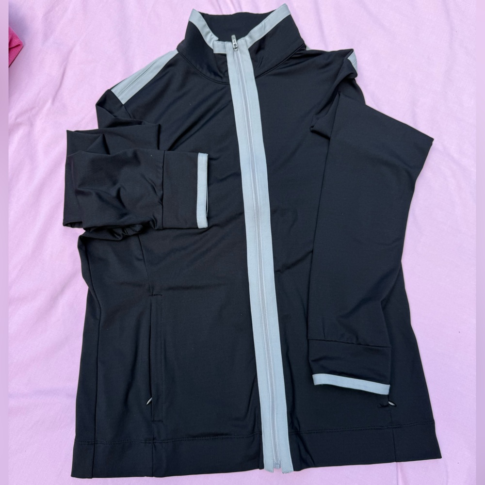 Black Zip-Up Jacket with Light Gray Trim